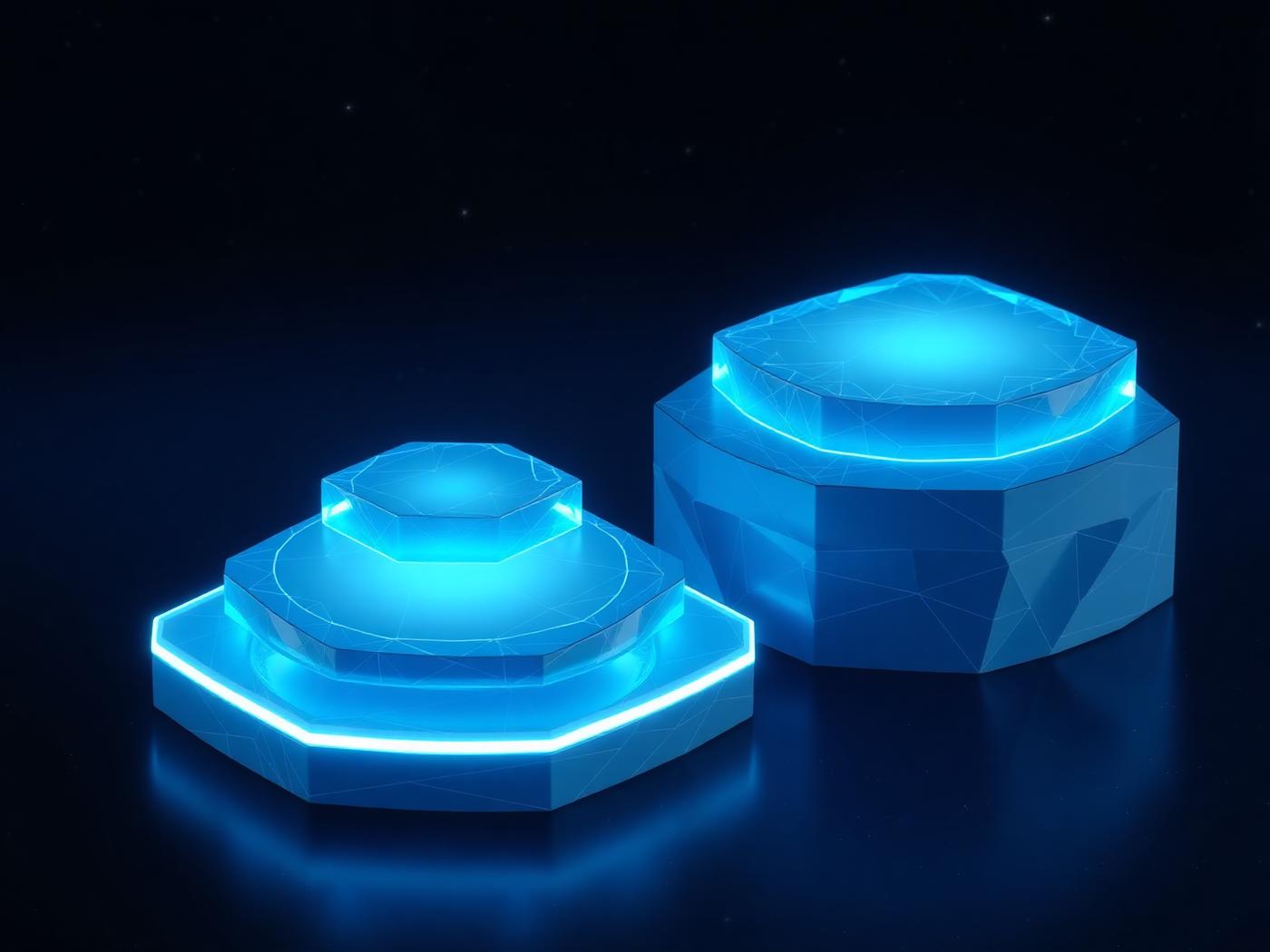 Abstract low-poly crystalline platforms of increasing size glowing blue against a dark starfield