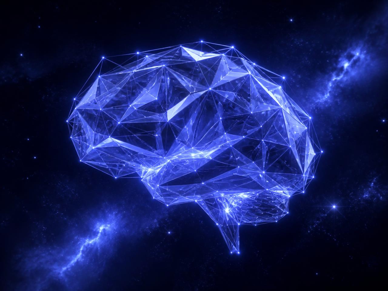 Abstract low-poly crystalline neural structure glowing periwinkle blue against a dark starfield