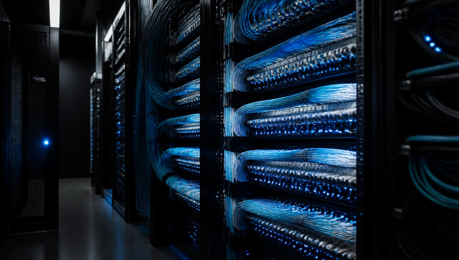 Blue-lit fibre-optic patch panels in a low-latency network room