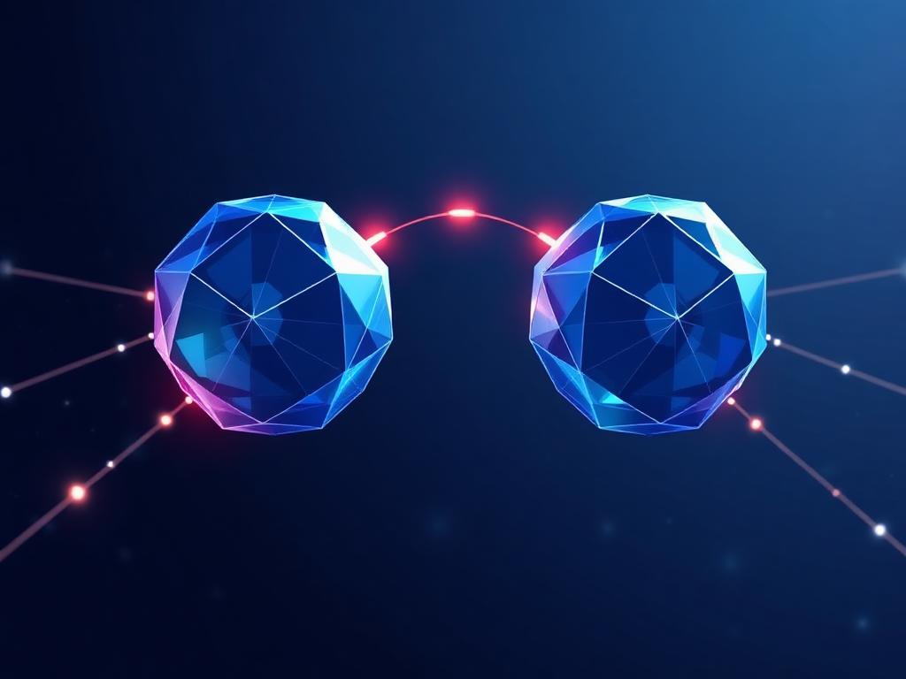 Abstract low-poly mirrored network nodes connected by a glowing arc, representing cross-venue arbitrage