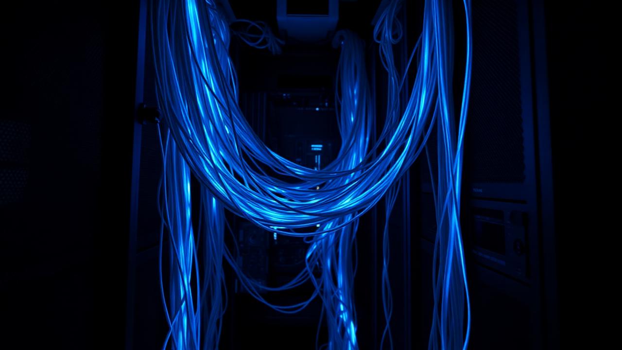 Glowing blue fibre optic cables inside a server rack