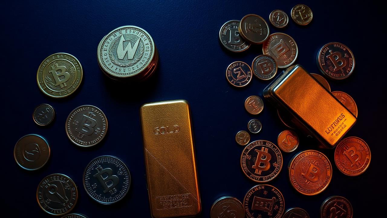 Gold bars and coins on a deep navy surface