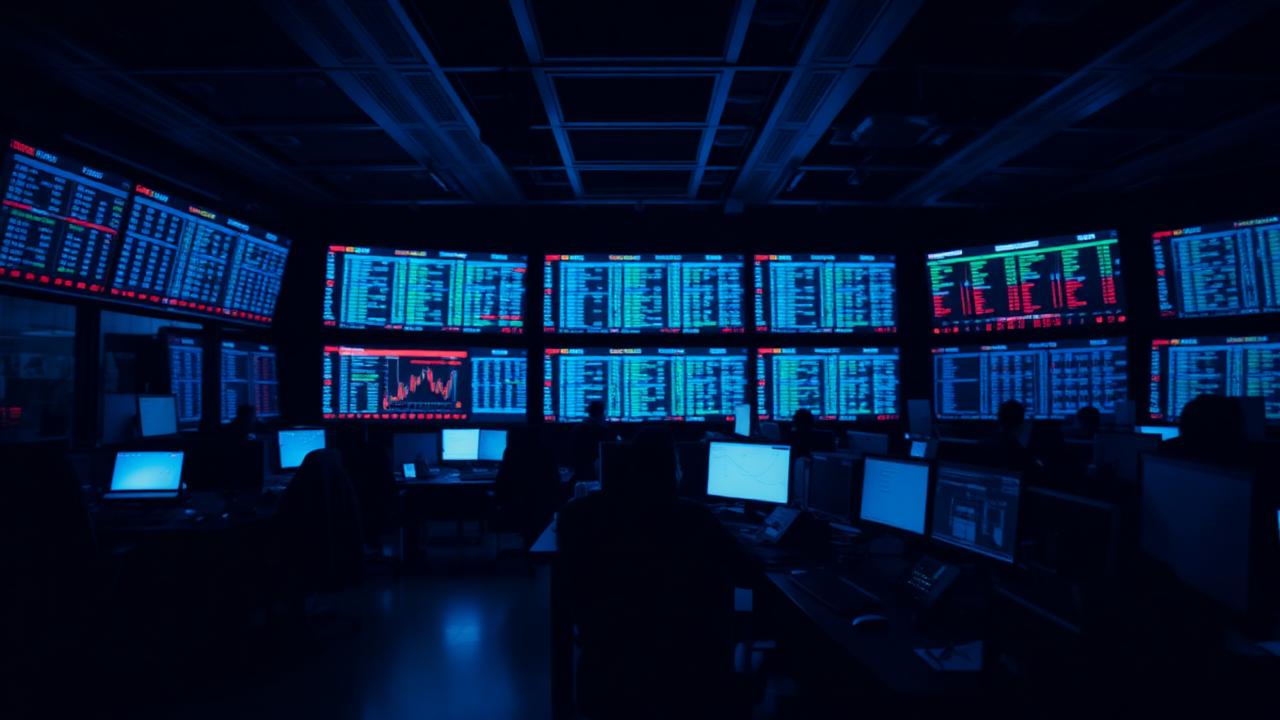Dark trading floor with glowing market data screens