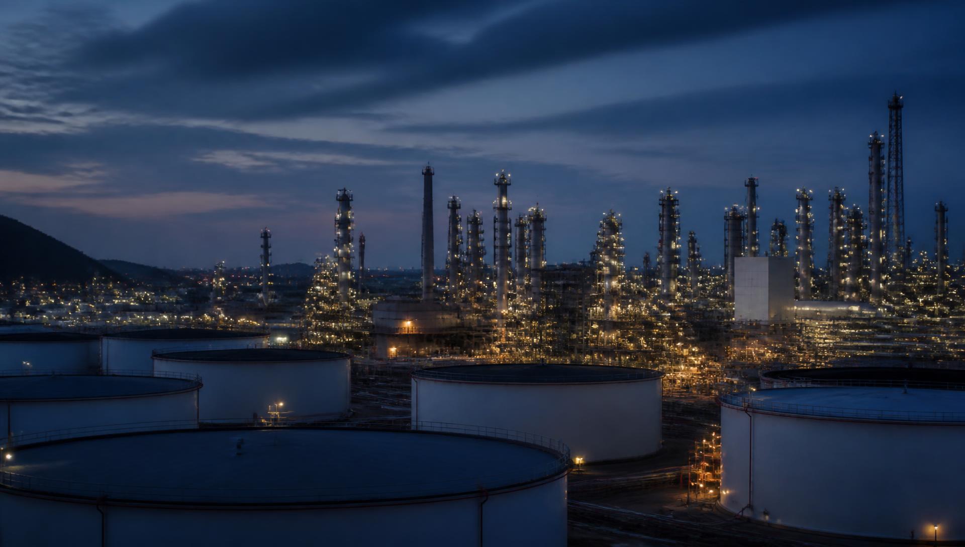 Refinery and storage tank farm illuminated at blue hour