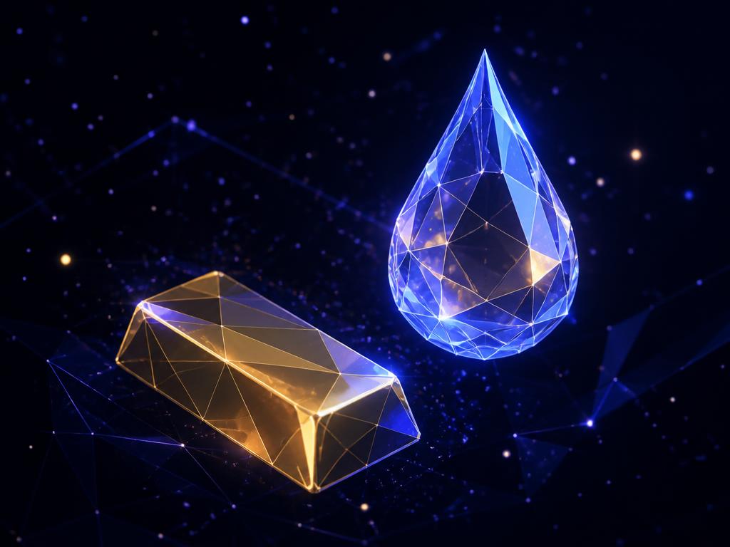 Abstract low-poly gold ingot and glowing blue oil droplet against a starfield