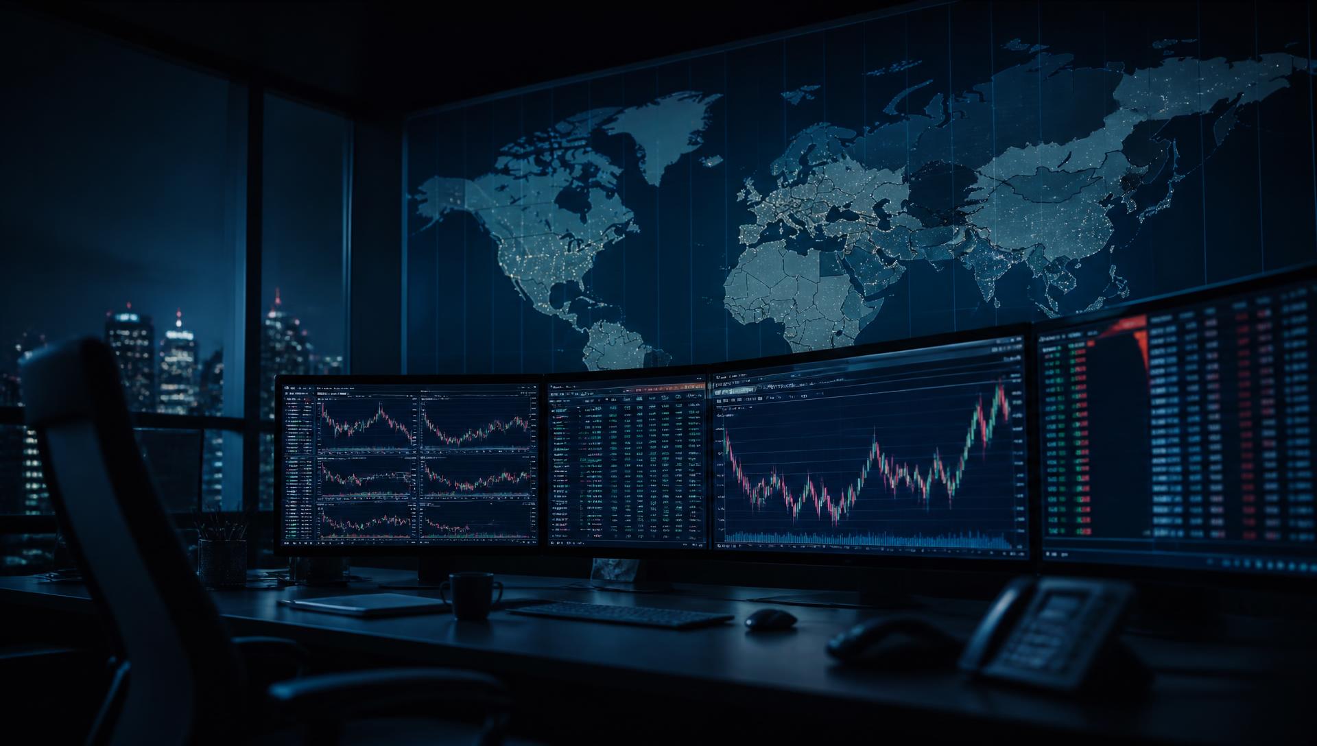 Currency trading desk at night with FX charts and a glowing world time-zone map