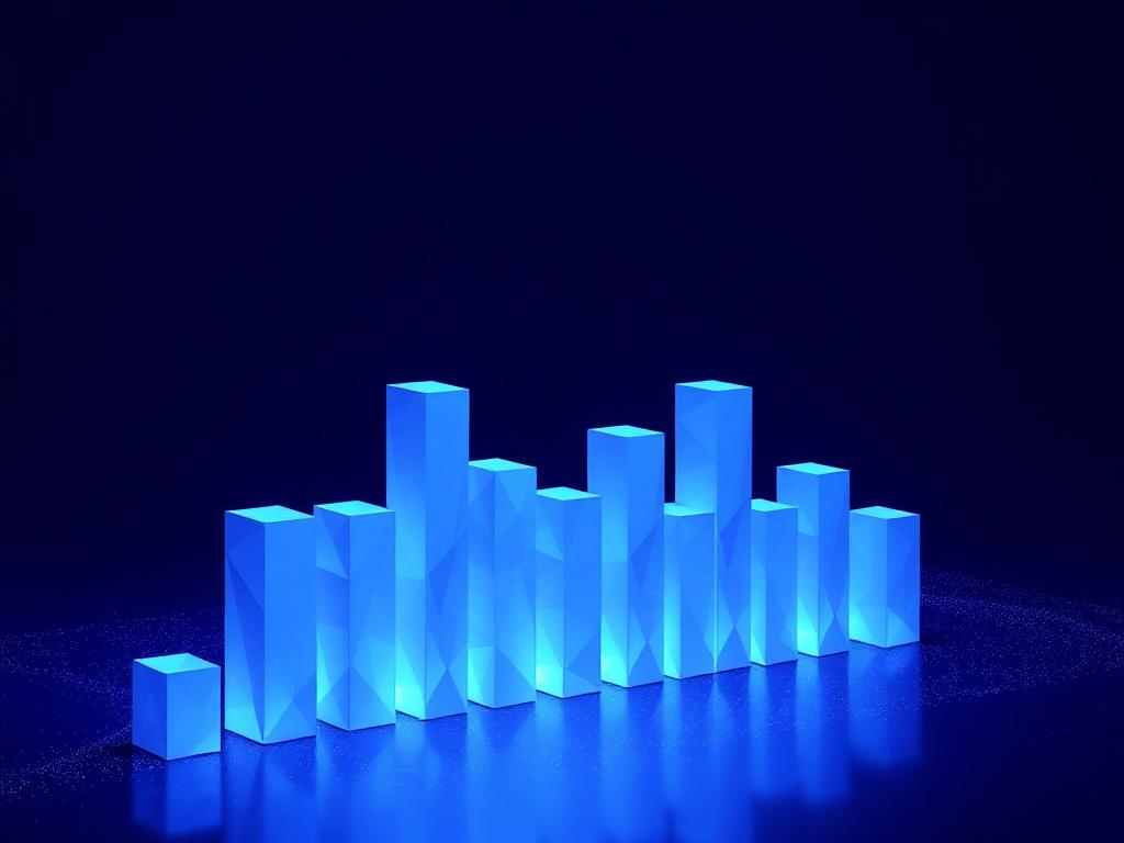 Abstract low-poly glowing blue bar columns forming a stylised index skyline
